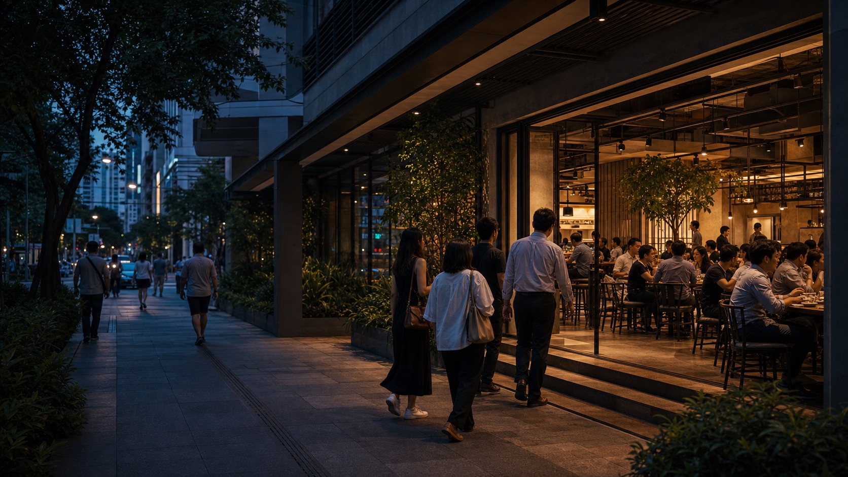 新加坡城市商业街与正在营业的门店场景