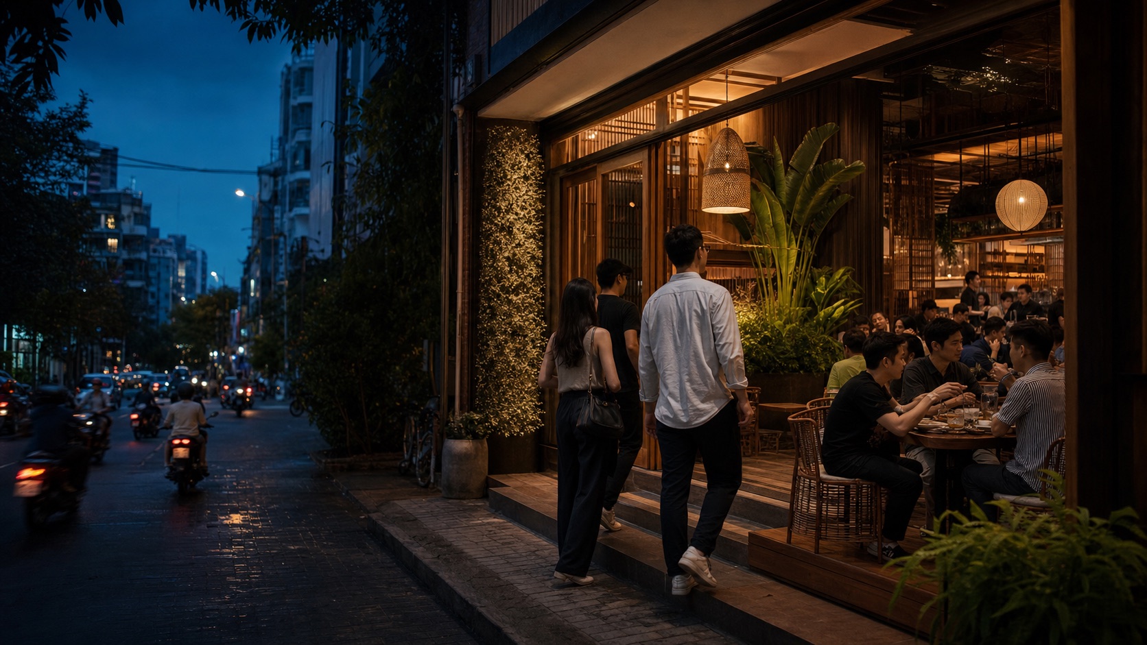 越南 · 胡志明市城市商业街与正在营业的门店场景